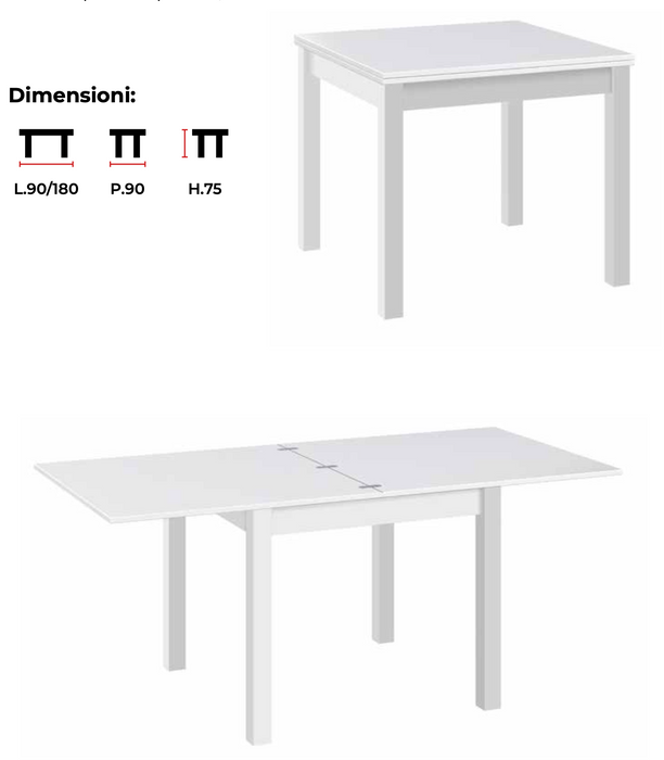 Tavolo in legno Allungabile apertura a libro 90x90/180x75H cm Colore Bianco